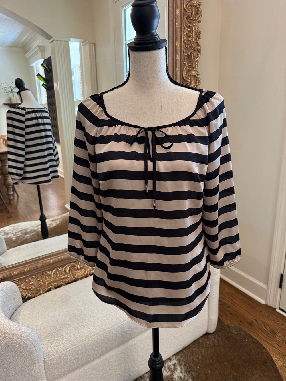 White House Black Market Black and Cream Striped Top